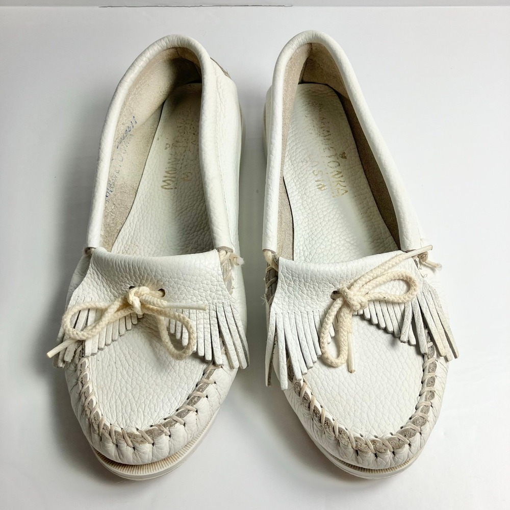 Minnetonka Moccasins Vintage White Leather Tassle Tie Women's US Sz 8.5 USA Made